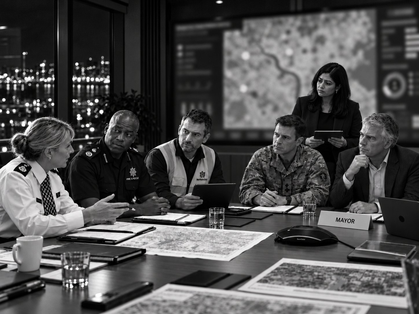 Members of a Local Resilience Forum meeting around a table covered in maps