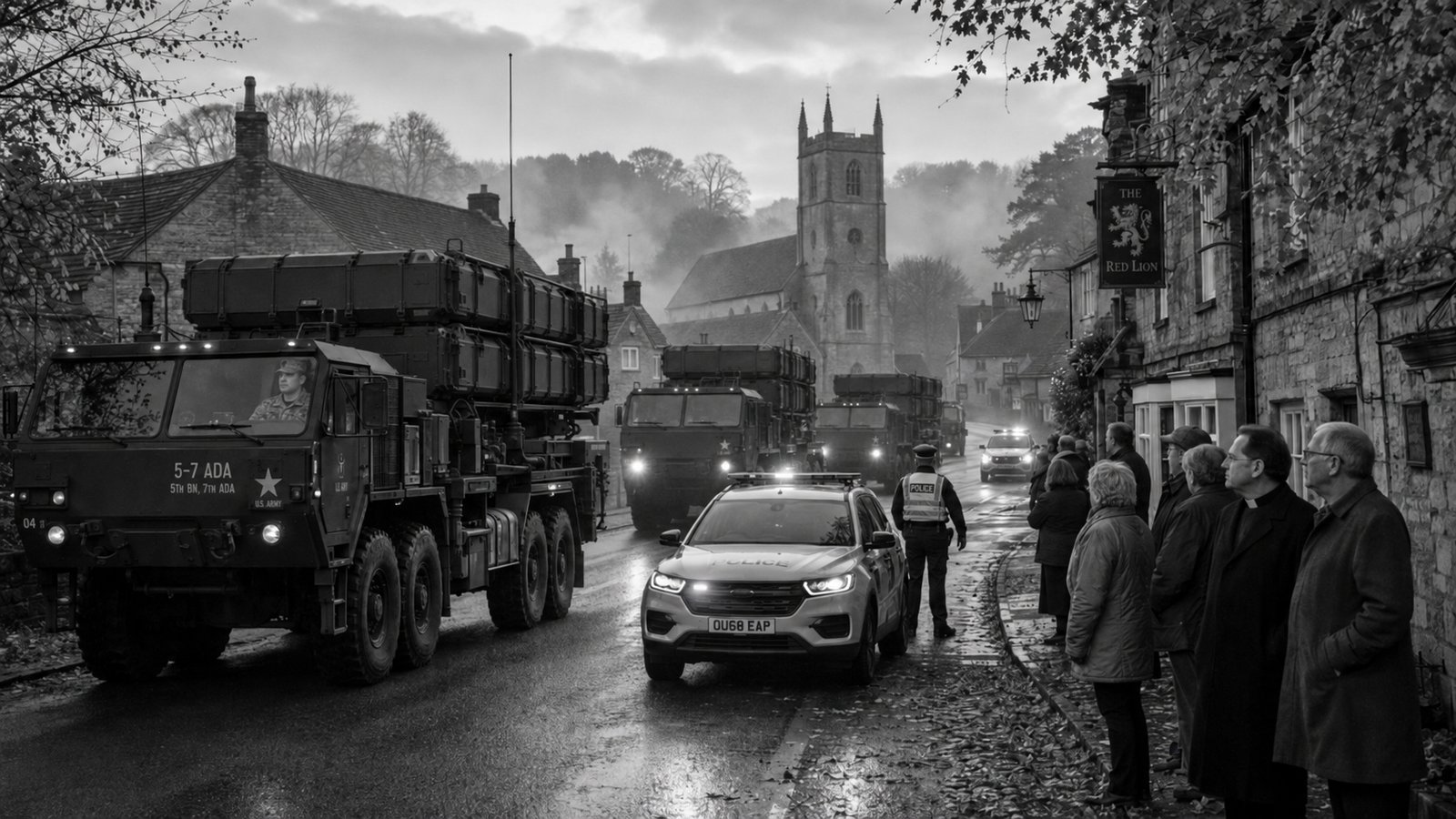 A US air-defence convoy passes villagers outside a pub