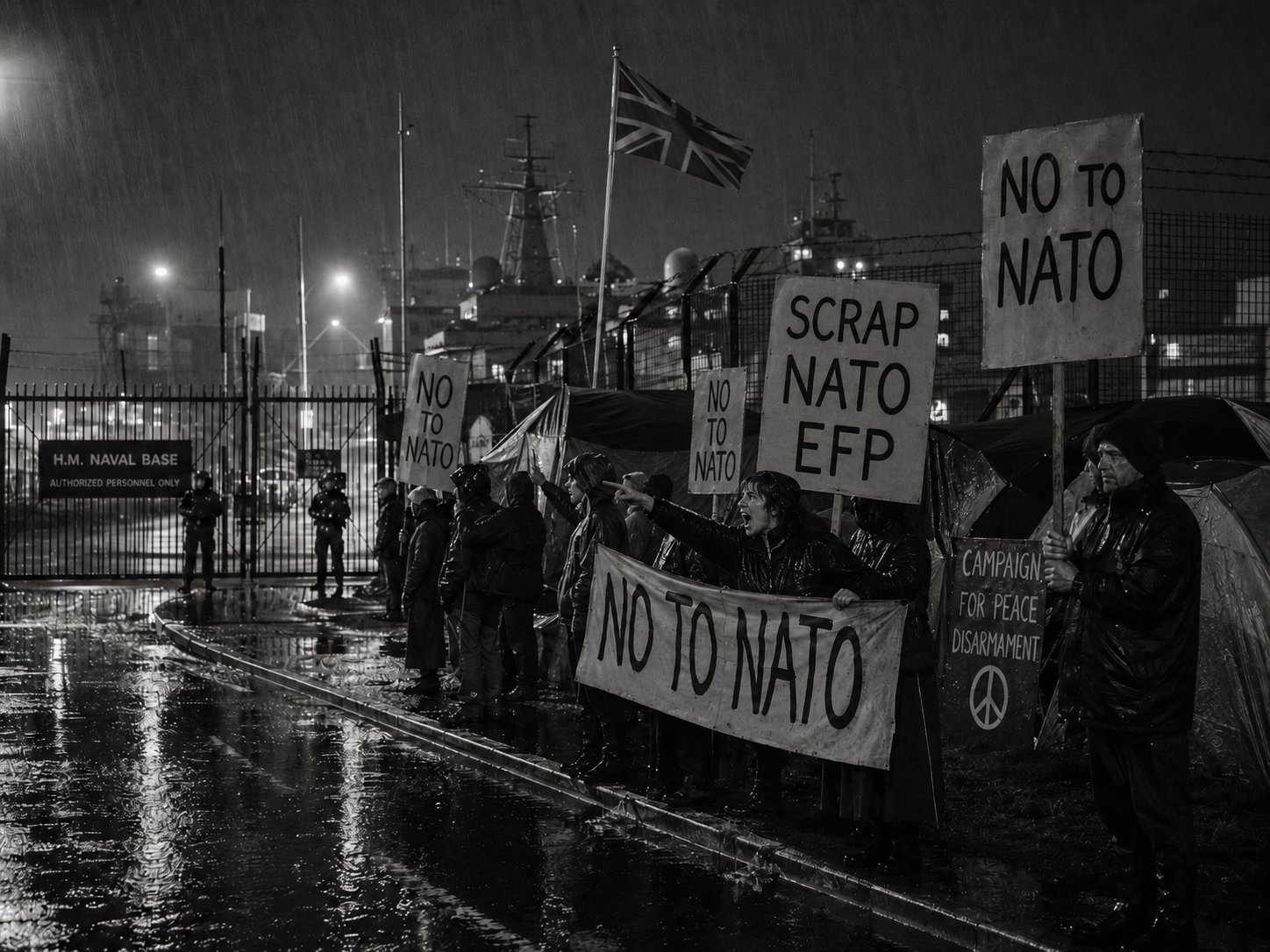 Anti-NATO protesters outside a naval base in the rain