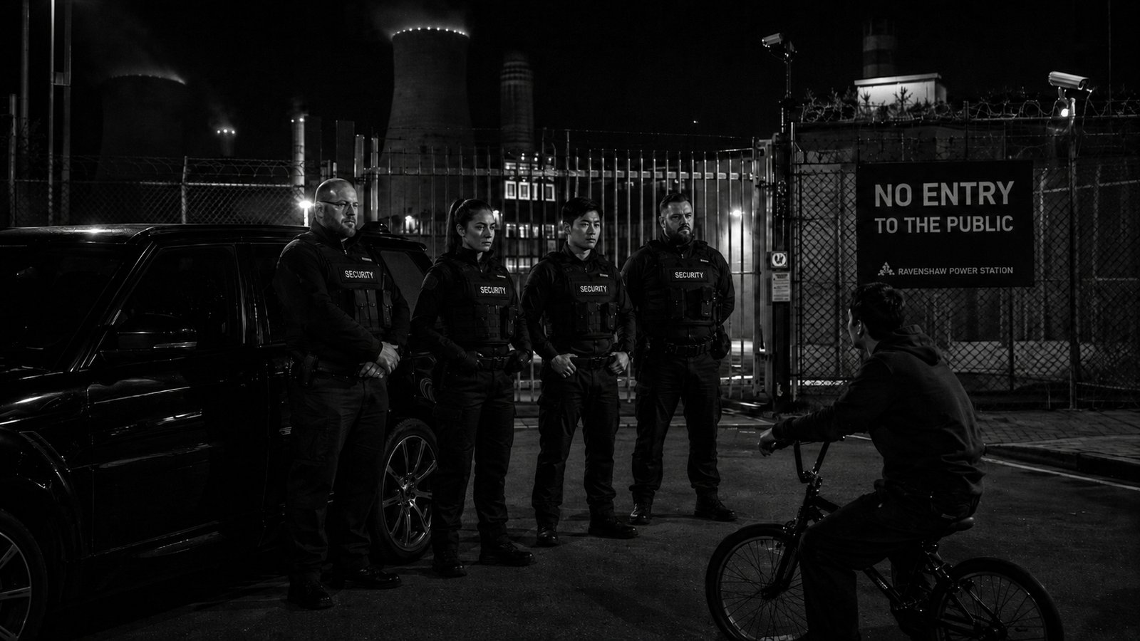 Security guards face a cyclist at the gates of a power station at night