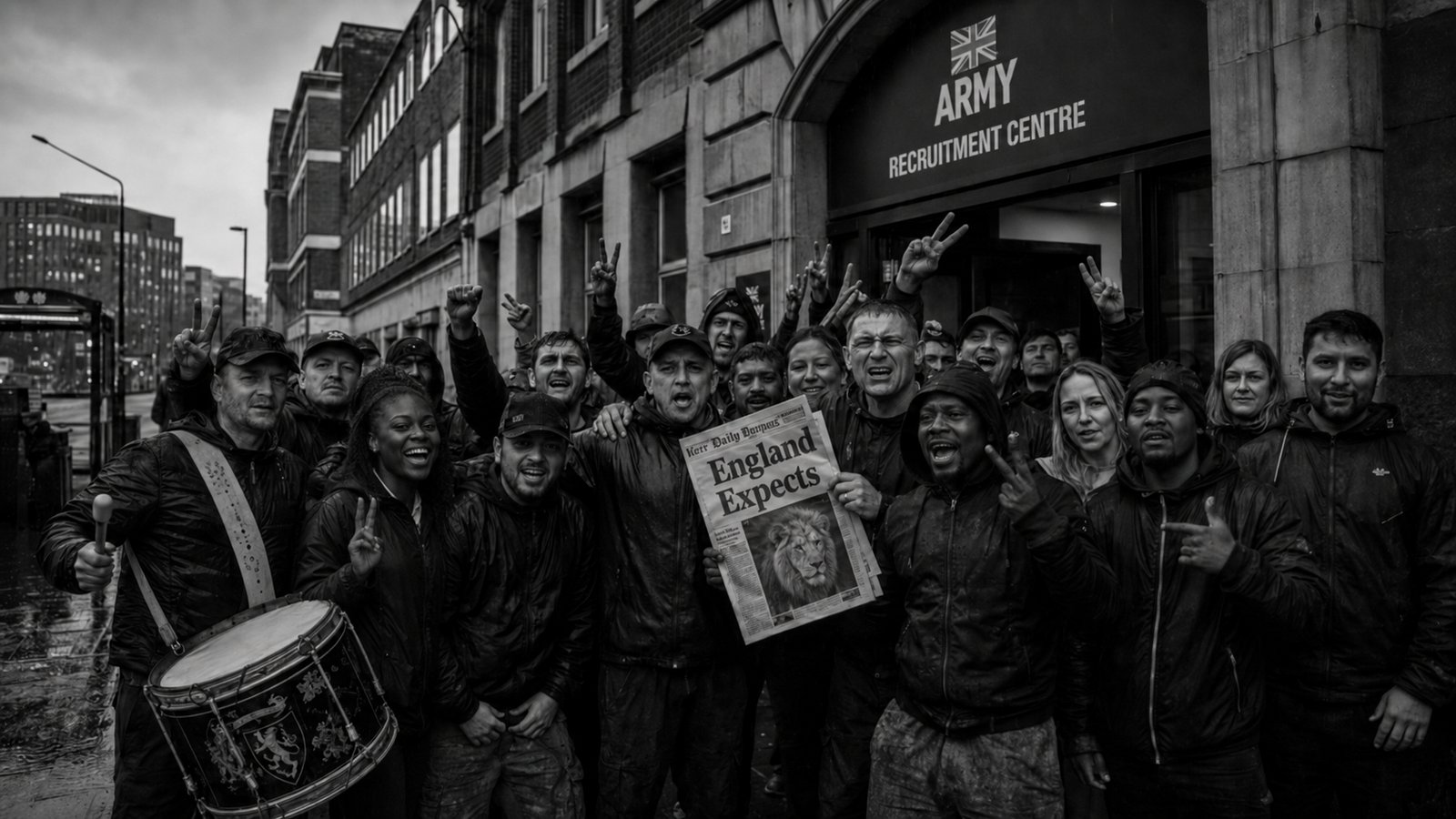 A crowd celebrates outside an army recruitment centre