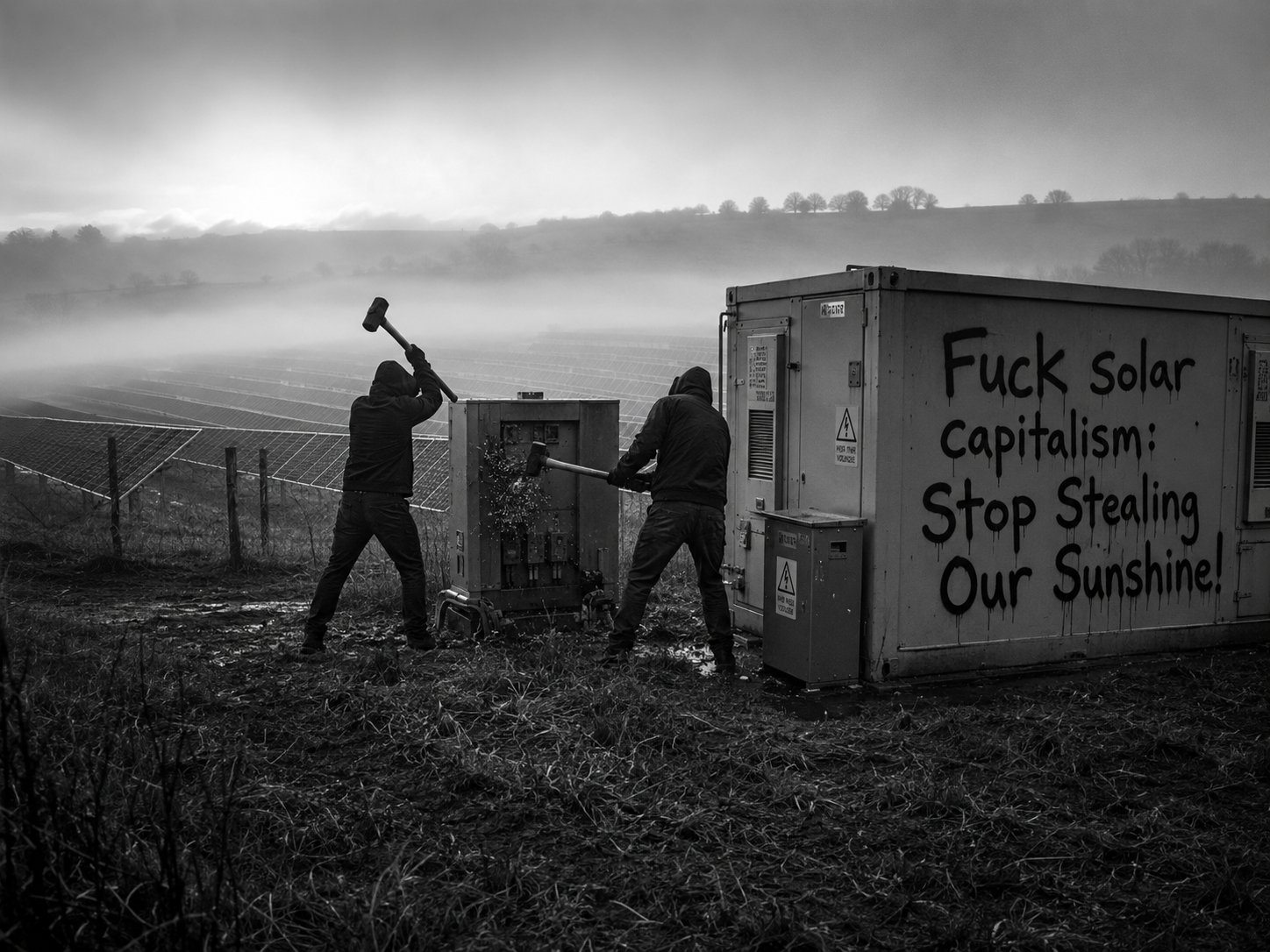 Two hooded figures attack a solar farm inverter beside anti-solar graffiti