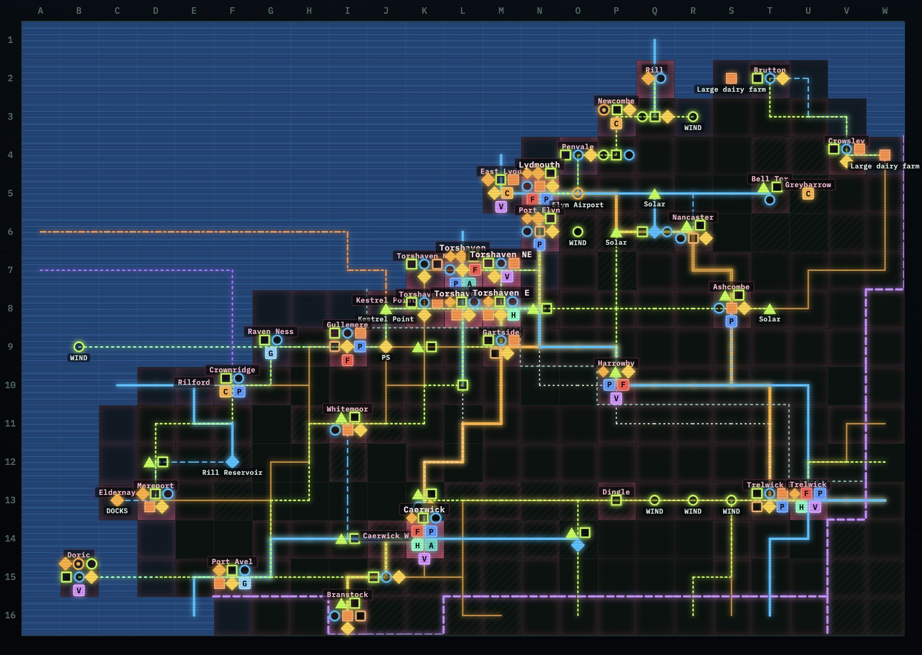 Grid map of Vallen showing settlements and infrastructure networks