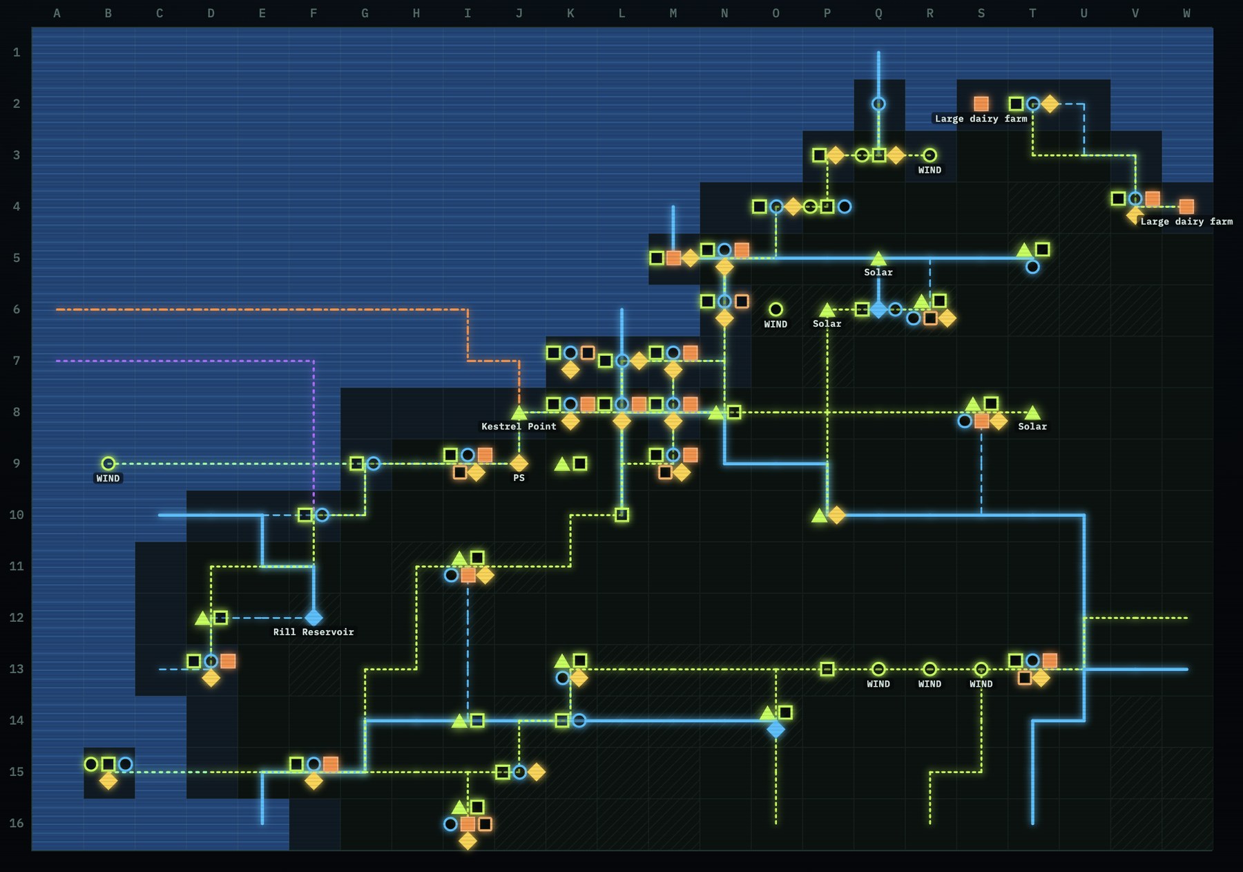 Grid map of Vallen showing critical infrastructure networks