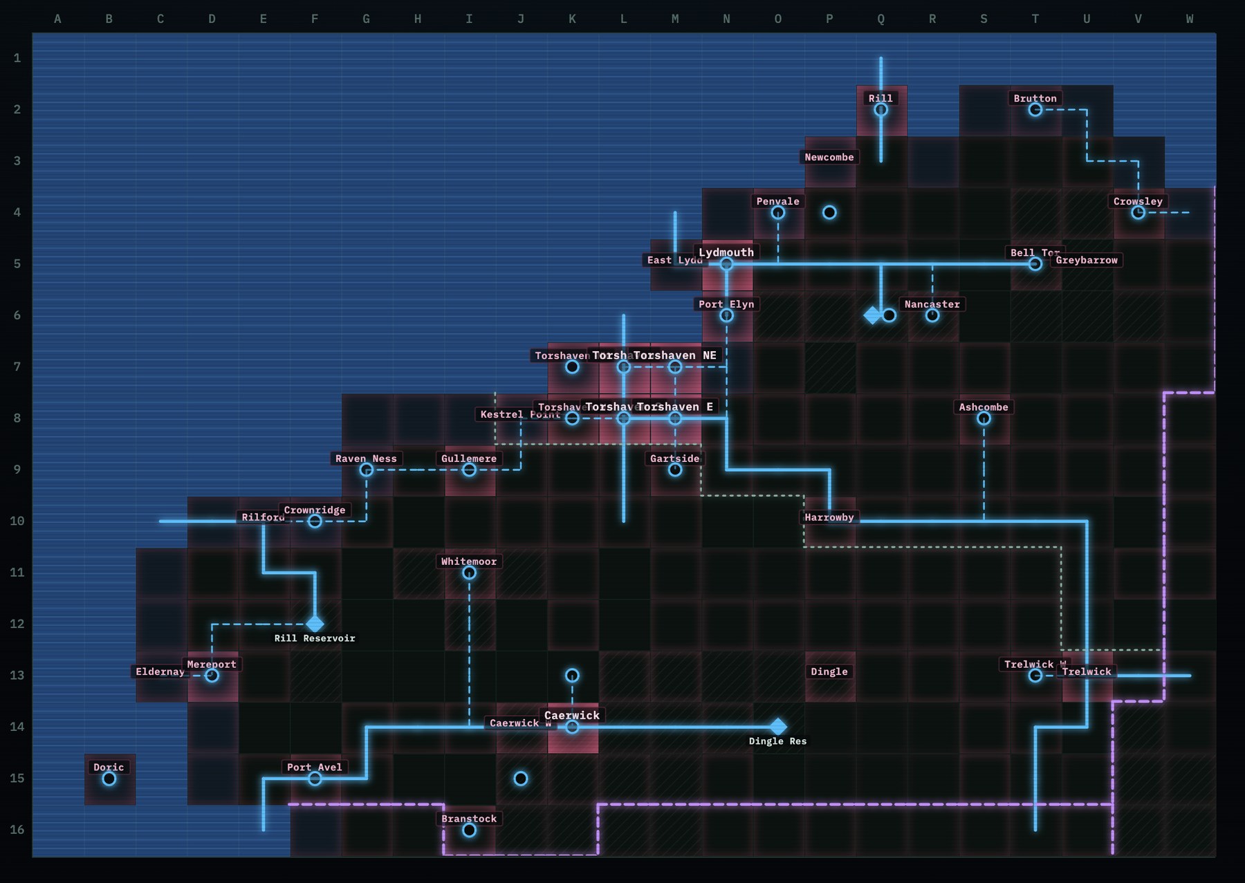 Grid map of Vallen showing settlements, water network and county borders